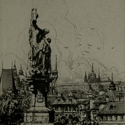 John C. Vondrous "View from Charles IV Bridge of Prague" etching