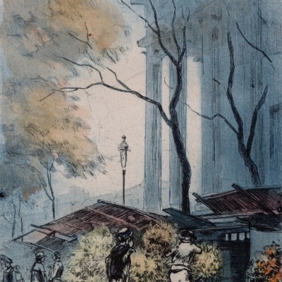 La place de la Madeleine (Marché aux Fleurs) by Eugene Veder, 1927-28 Etching