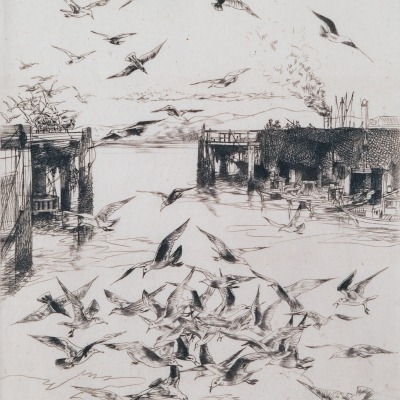 Flying Gulls by John Winkler, 1941 Etching 