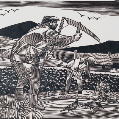 Sickle Harvest by Elgas Grim, 1968-70 Wood Engraving