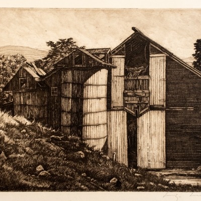 Luigi Lucioni; The Nestled Barns; Etching 1949